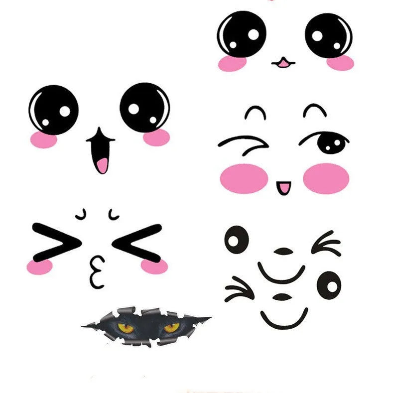 Pair of reflective cartoon car stickers with cute eye designs on a white background.