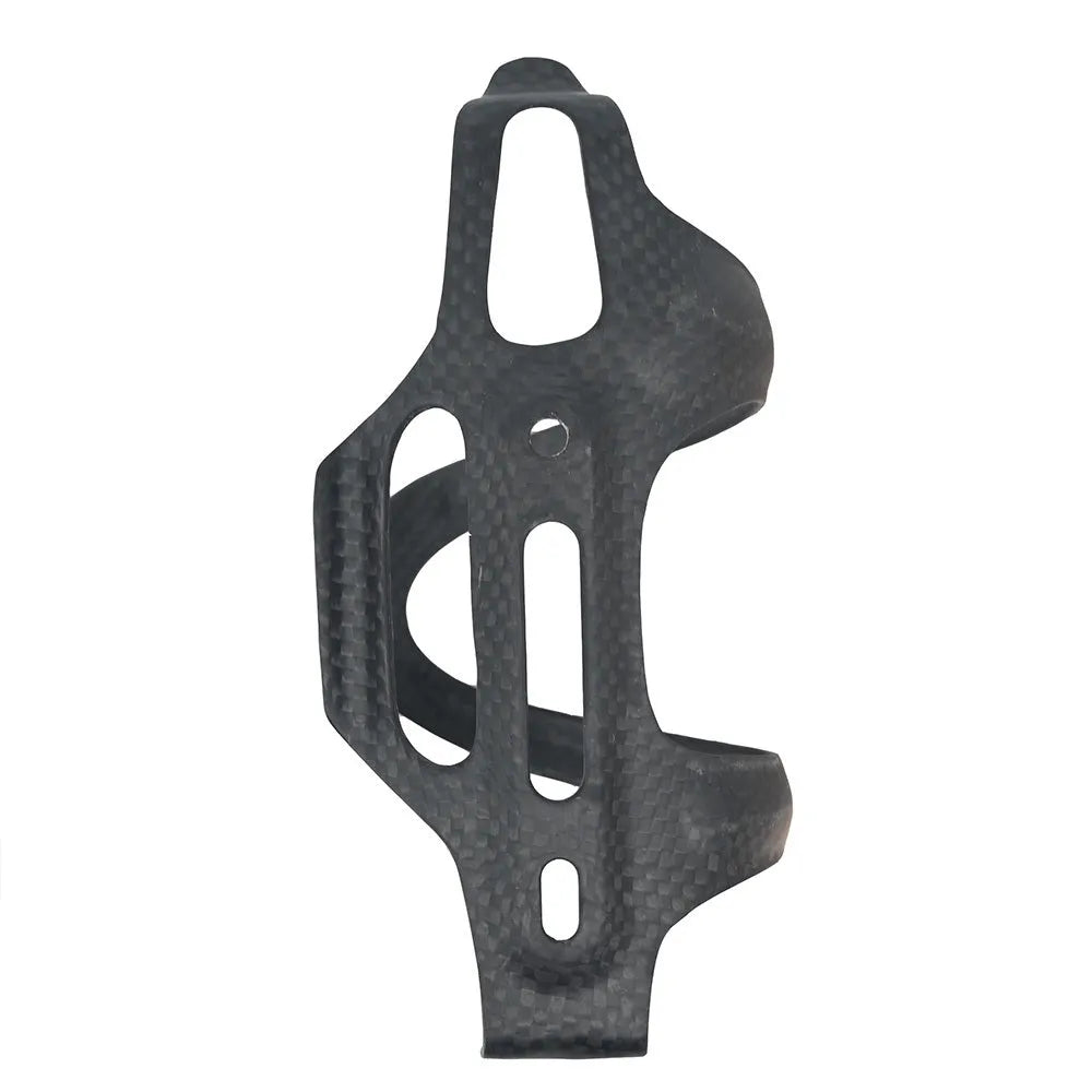 Black carbon fibre side pull water bottle cage for bicycles with 65mm mounting hole spacing