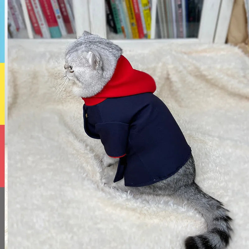 Tiger Staff Yuren coloured pet hoodie for cats and dogs, shown in small and medium sizes with a hood.