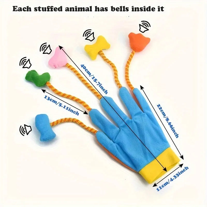 Yellow and blue plush cat toy glove with integrated bells and trailer attachment