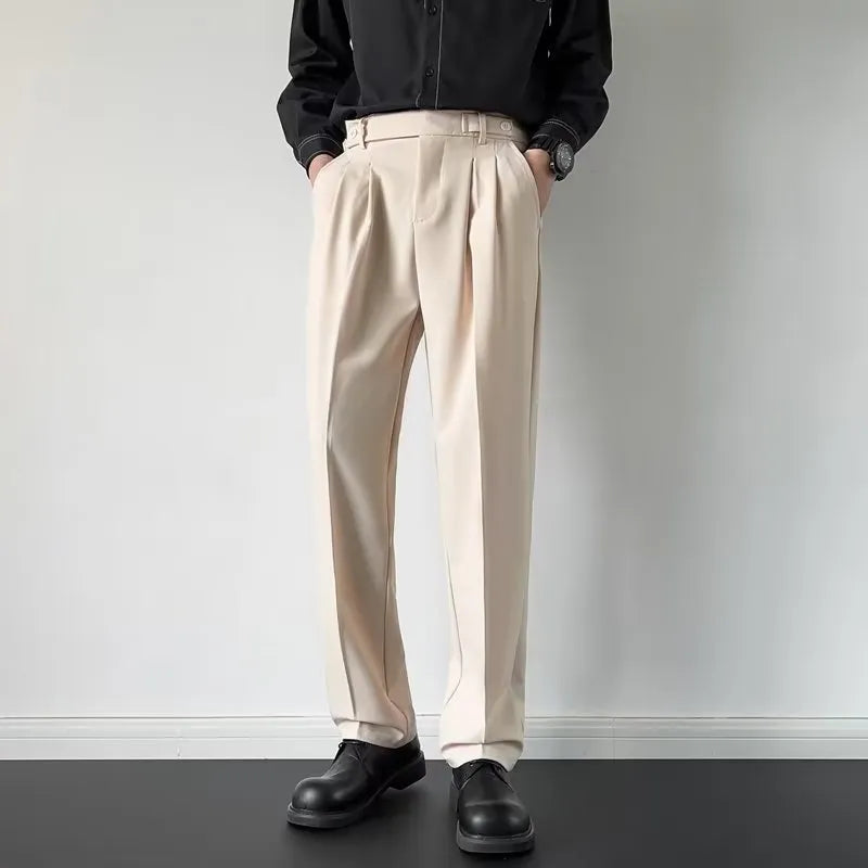 Men's straight-leg loose fit trousers in apricot and black colours with polyester fabric