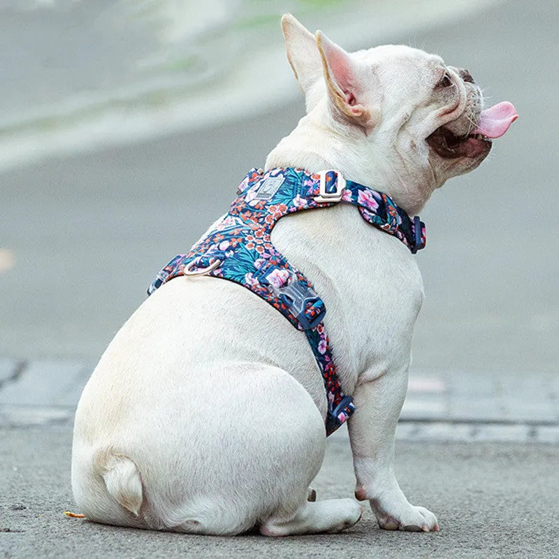 Floral pattern pure cotton dog harness chest strap in blue, green, or red, showing size range from XXS to XL.