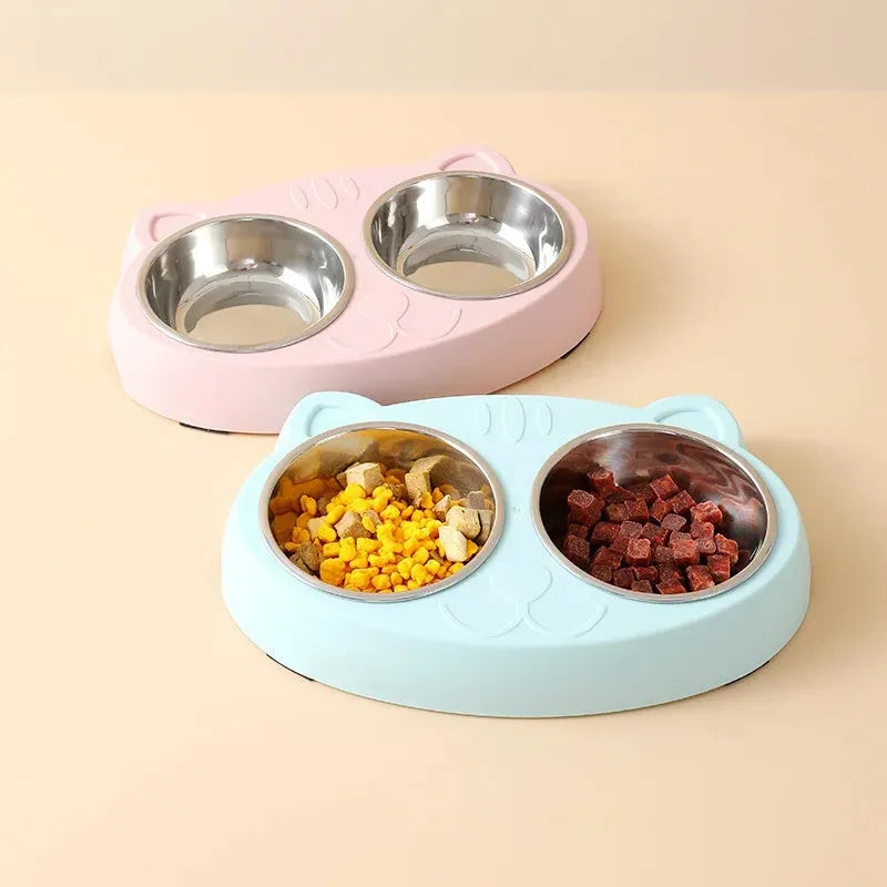 Blue plastic double bowl pet feeder tray for cat and dog food and water.