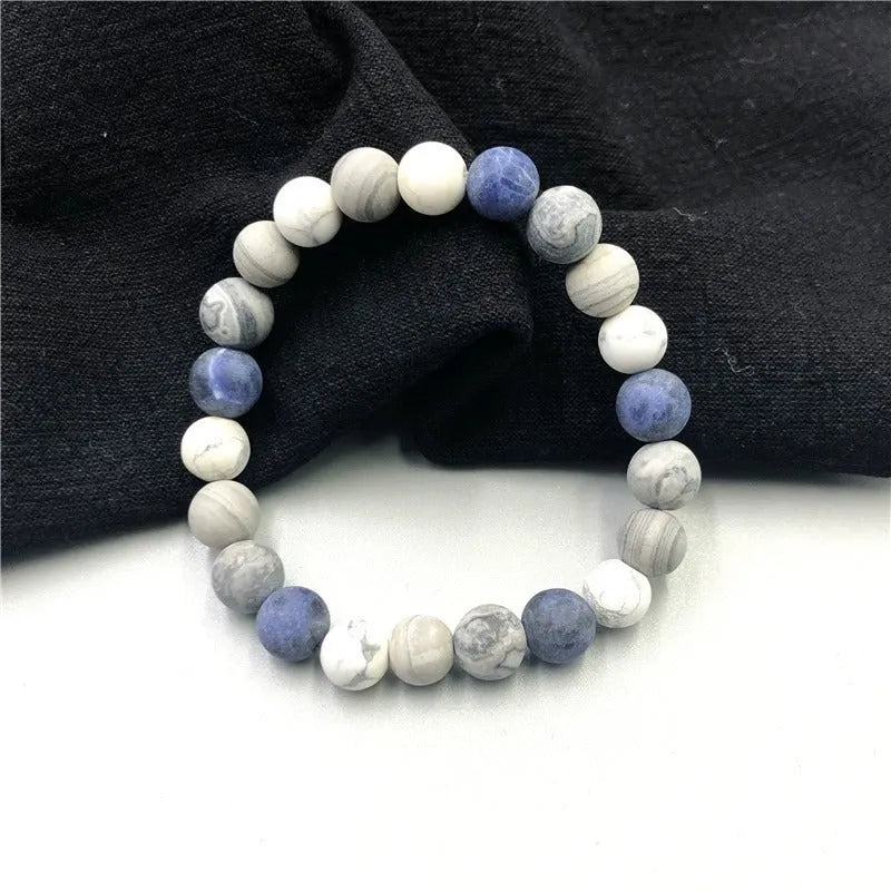 Handmade planet stone men's bracelet with U-shaped adjustable design showing natural stone beads