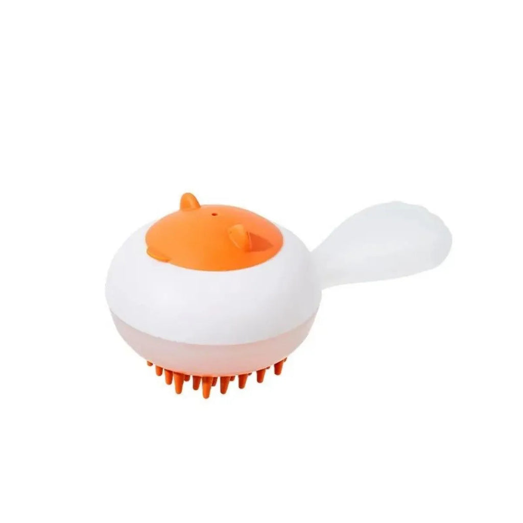 Blue and orange automatic cleaning pet bath brush with soft gel massage pads for wet or dry grooming
