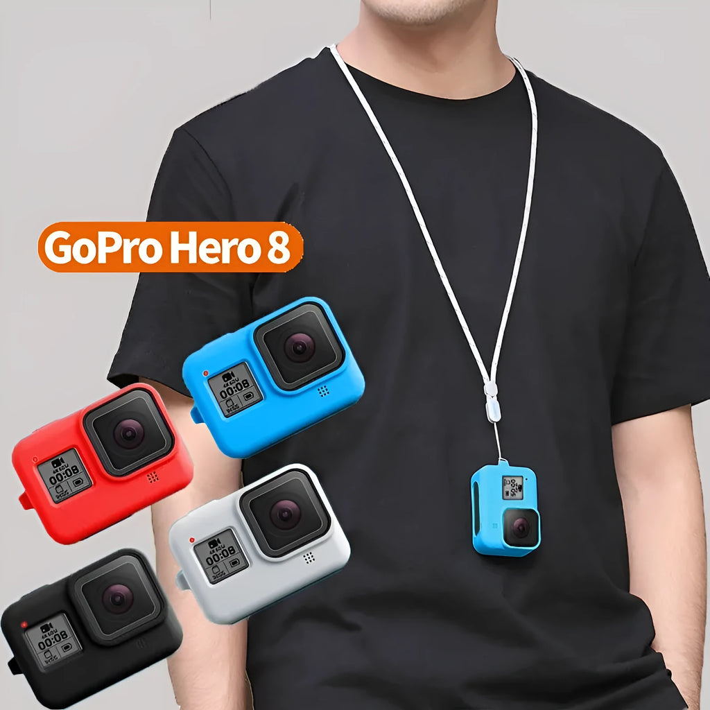 GoPro Hero 8 Black camera with blue silicone protective sleeve and neck lanyard carrying strap