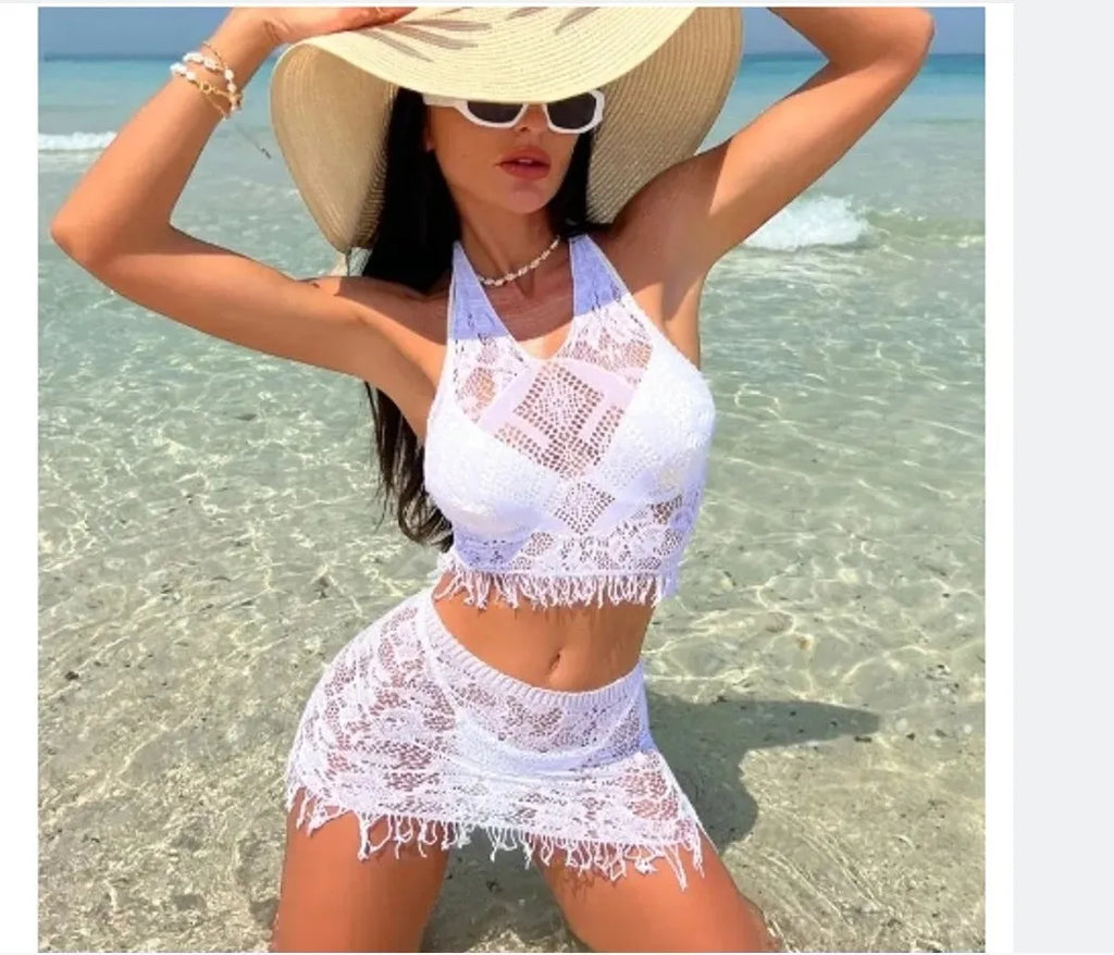 Women's black or white two-piece bikini with lace top and tassel skirt cover-up for swimming