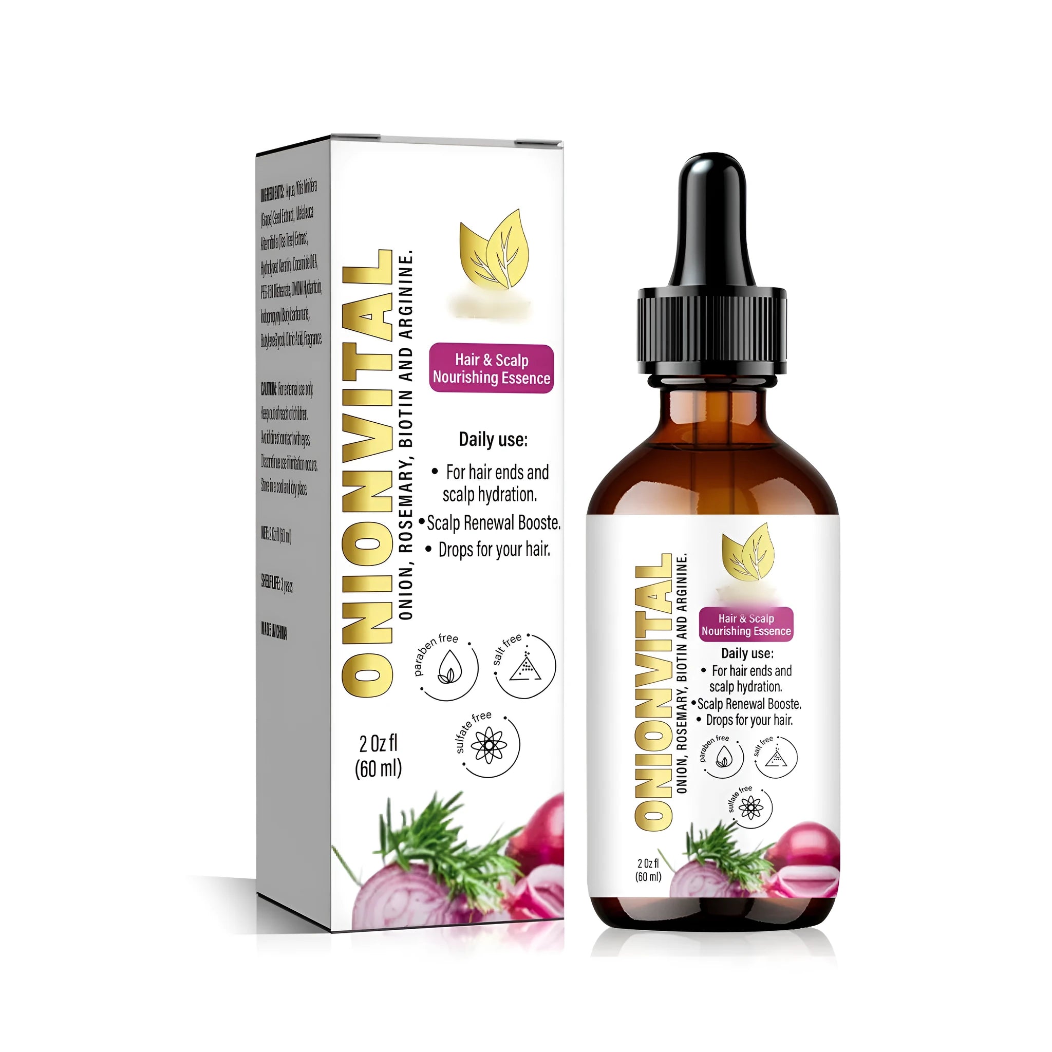 60ml plastic bottle of onion biotin and rosemary shampoo hair repair oil for curly hair