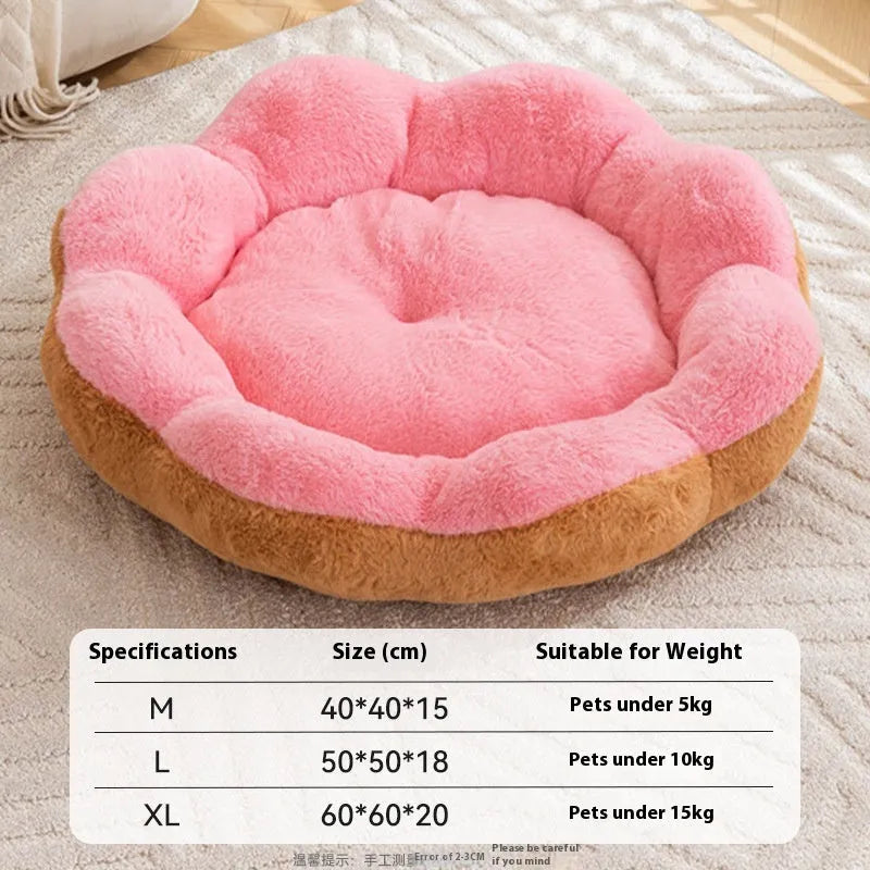 A thick, plush round cat bed with a removable cushion in a brown grey colour.