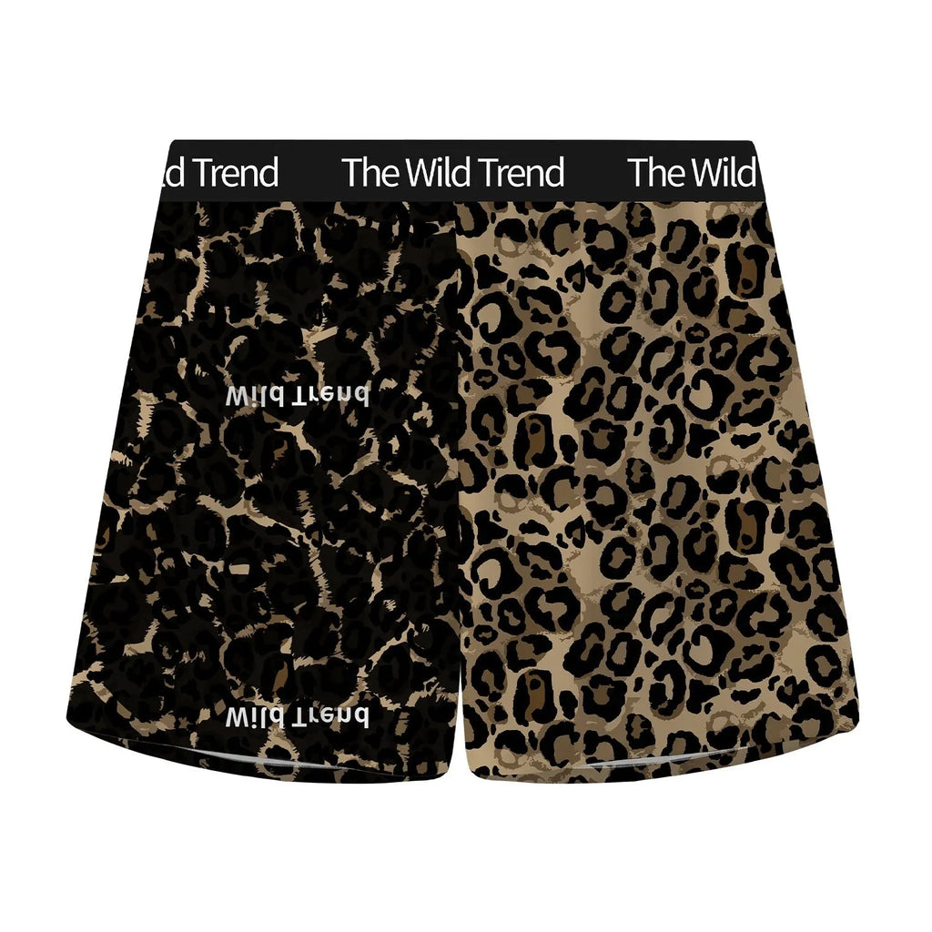 Men's leopard print woven shorts in ice silk polyester fabric with mid waist design