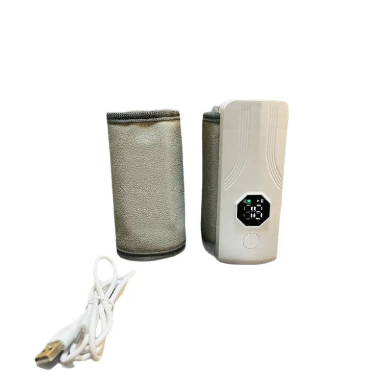 Grey and white car charger electric milk warmer for baby bottles on a car seat.