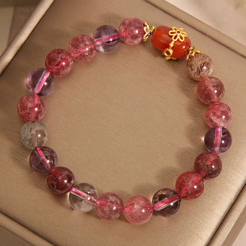 Natural Super Seven crystal bracelet with White Crystal and Red Agate beads in Cartoon style