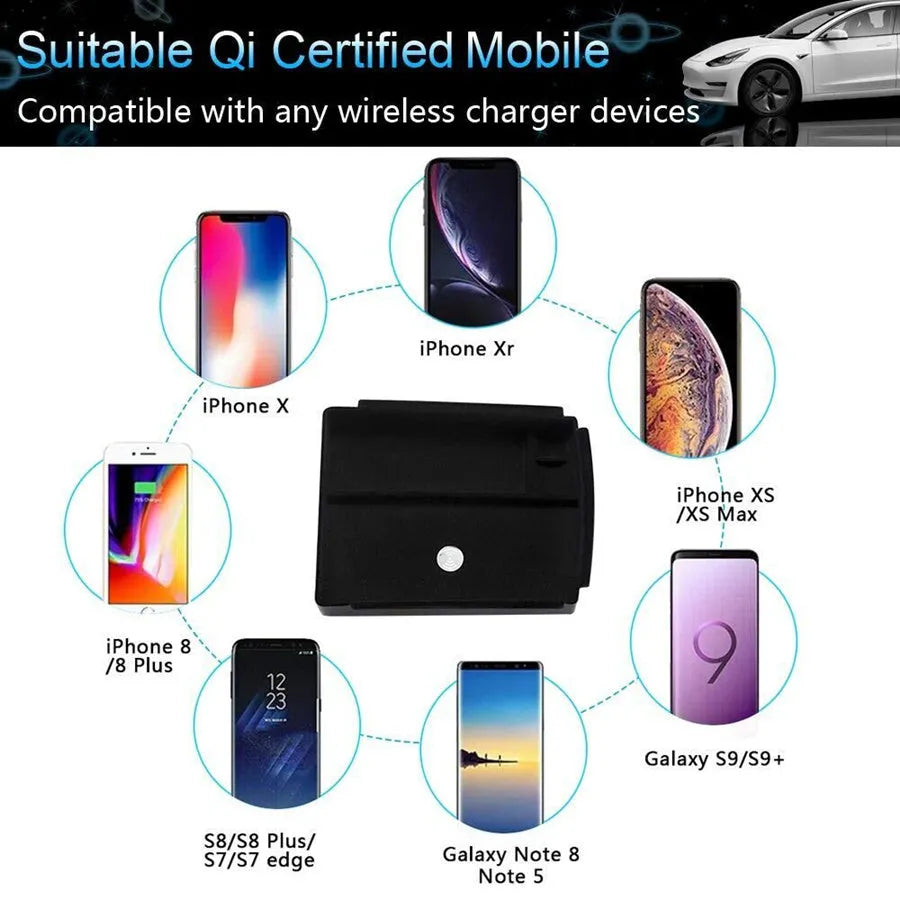 Black wireless charging storage box with Qi compatibility and ABS construction