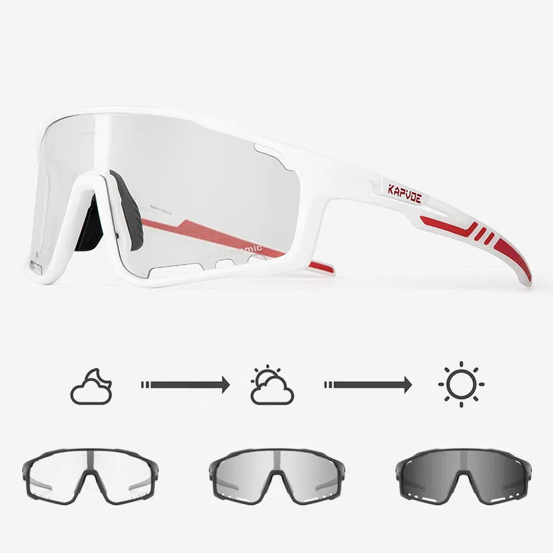 Photochromic cycling sunglasses with a semi-rimless TR90 frame shown in one of fourteen available colours.