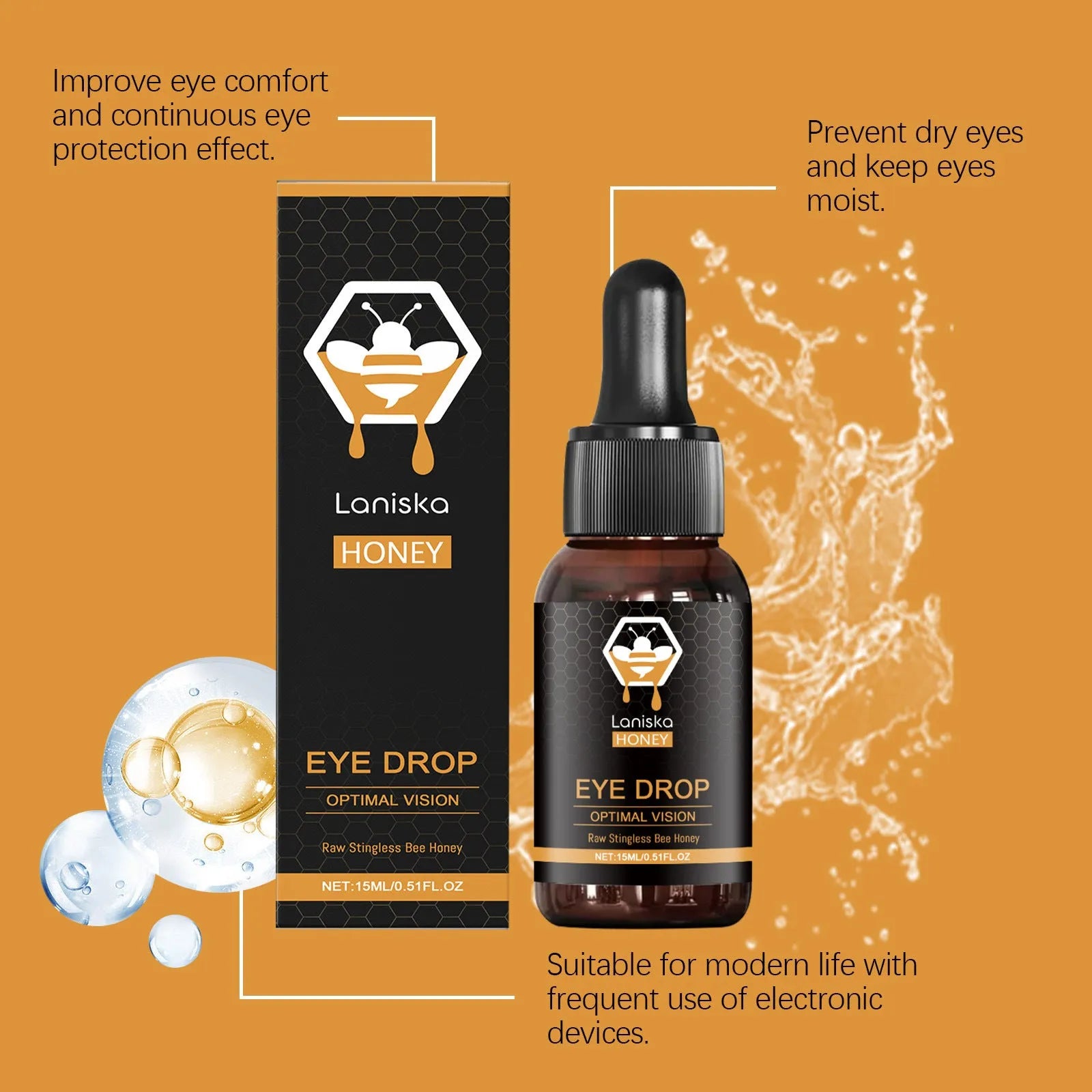 15ml bottle of honey eye drops for dry eye and fatigue relief