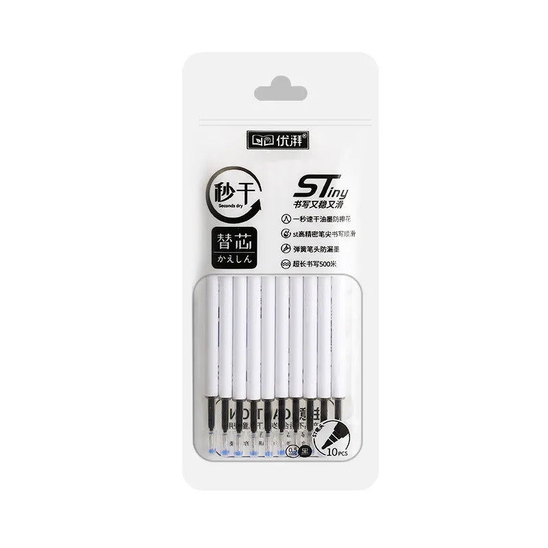 Pack of 10 quick-dry bullet pen refills showing black, red, blue, and ink blue ink colours.