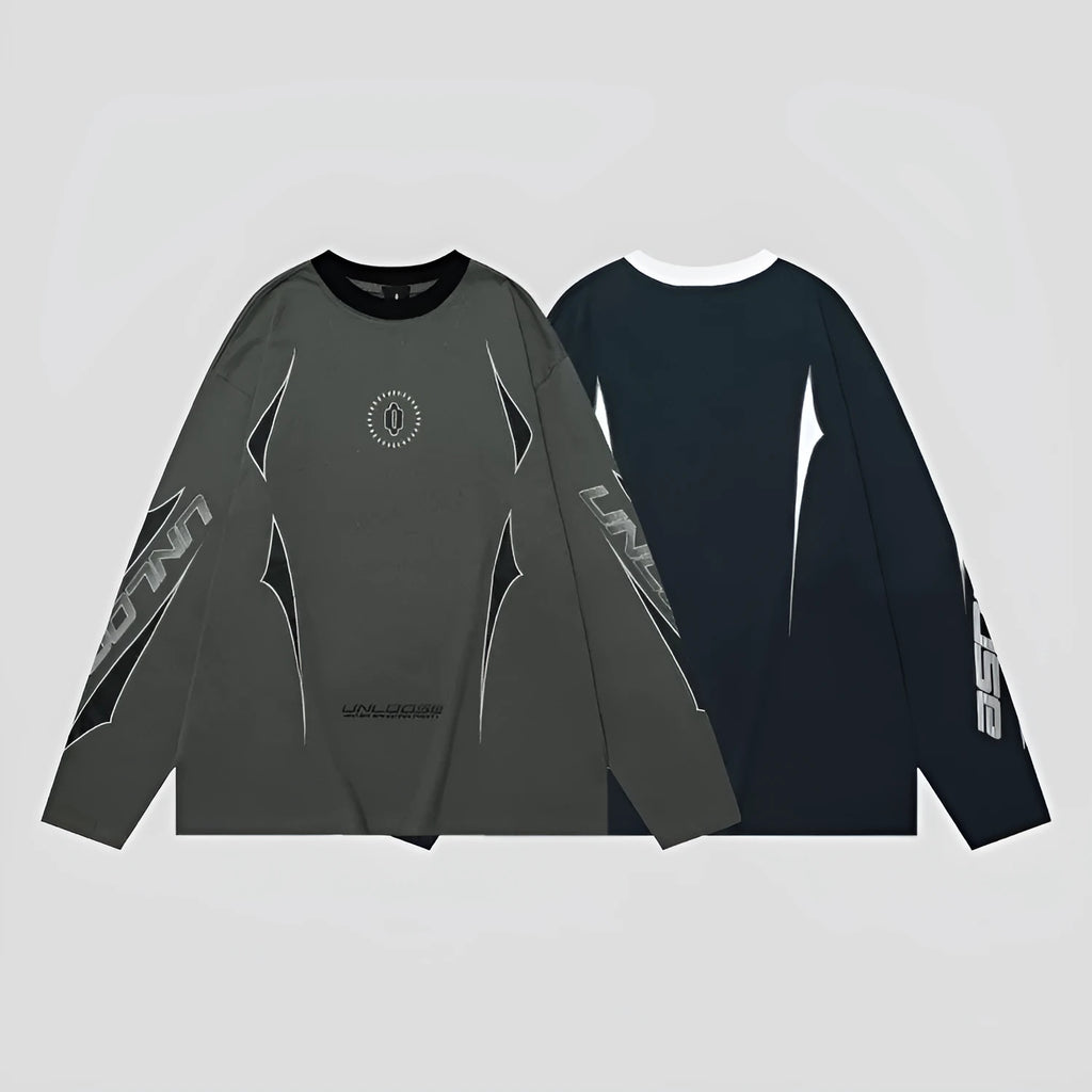 Cotton pullover jumper with drop shoulder sleeves and letter pattern in dark gray blue