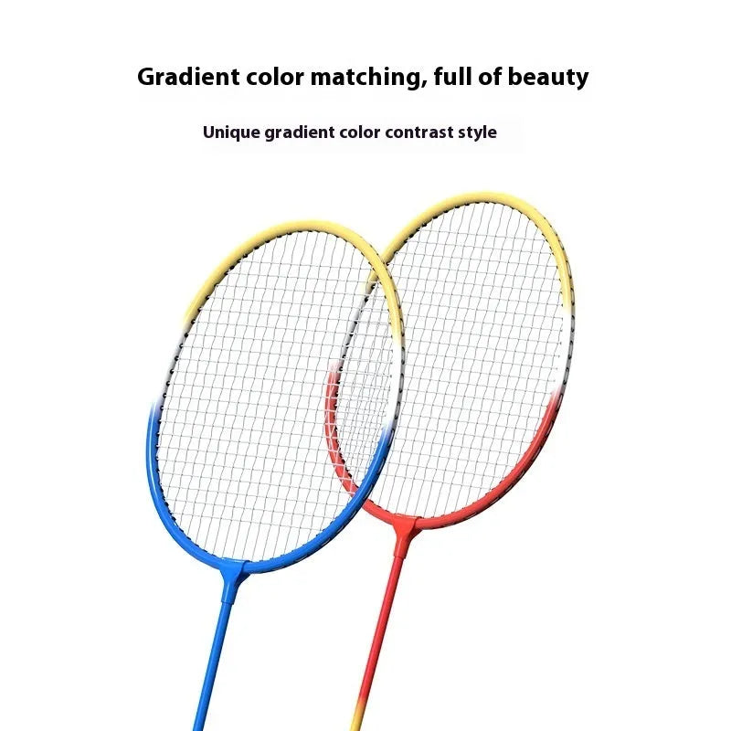 A pair of blue and red alloy badminton rackets with a split-frame design.