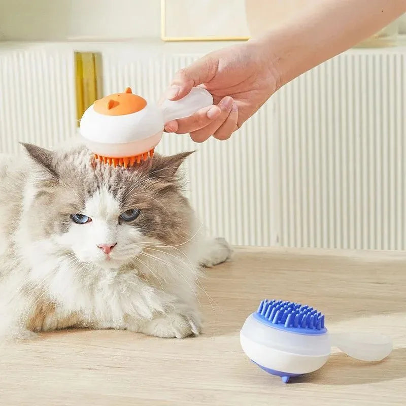 Blue and orange automatic cleaning pet bath brush with soft gel massage pads for wet or dry grooming