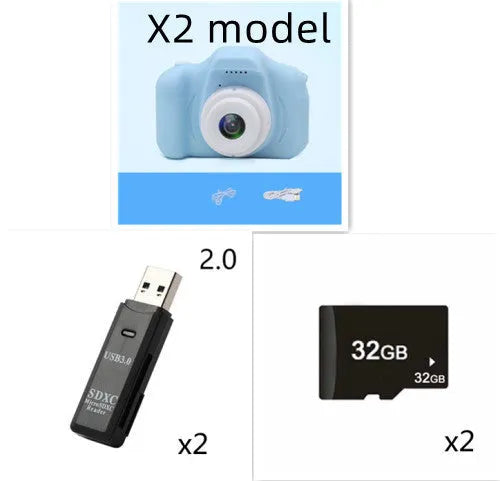 X2 HD mini cartoon kids digital camera in silicone body with 2-inch screen and lanyard.