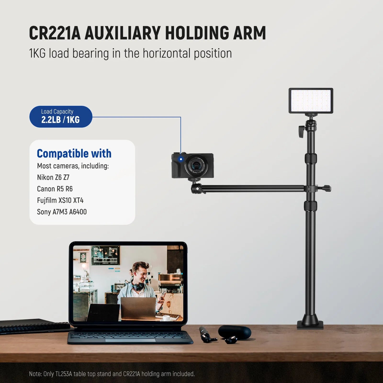Portable metal desktop photography stand with adjustable cross arm and metal cellphone holder