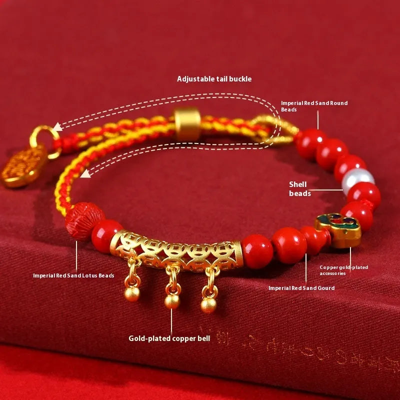 Women's hand-woven cinnabar bracelet with red sand bell design and geometric rope construction