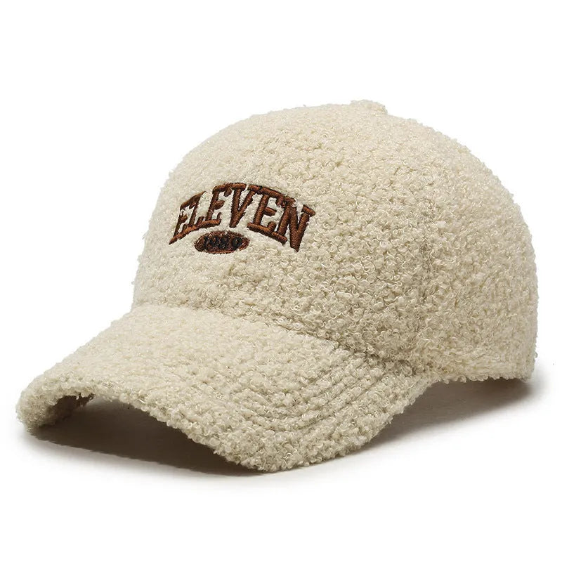 Adjustable winter baseball cap in thickened polyester lambskin fabric shown in multiple colour options