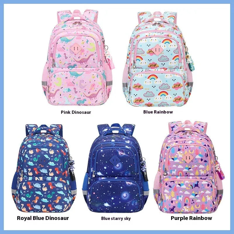 Blue dinosaur pattern children's waterproof school backpack with curved straps on a white background.