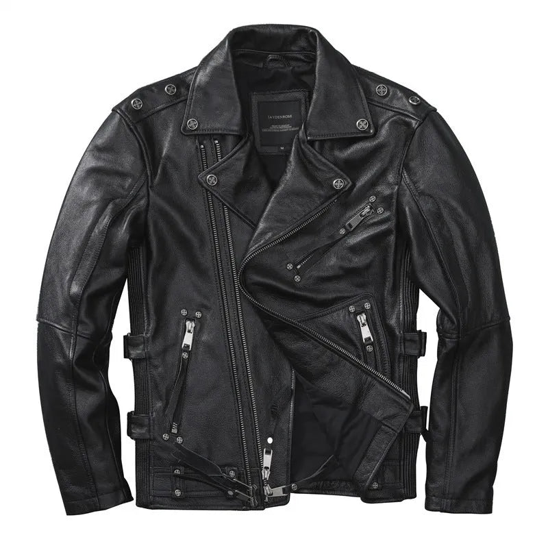 Men's slim fit black first layer cowhide biker's leather jacket with straight hem
