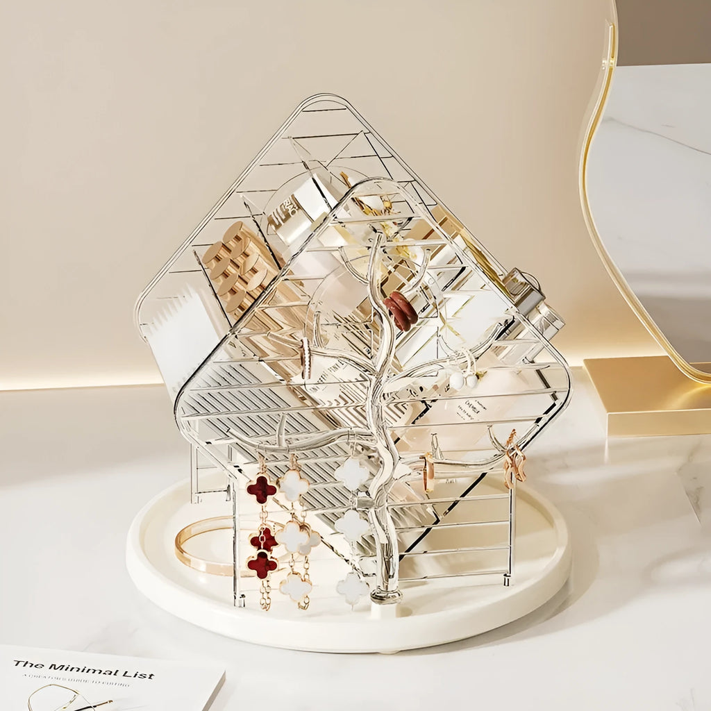 Rotating clear plastic cosmetics storage box with compartments on a 360-degree spinning base.