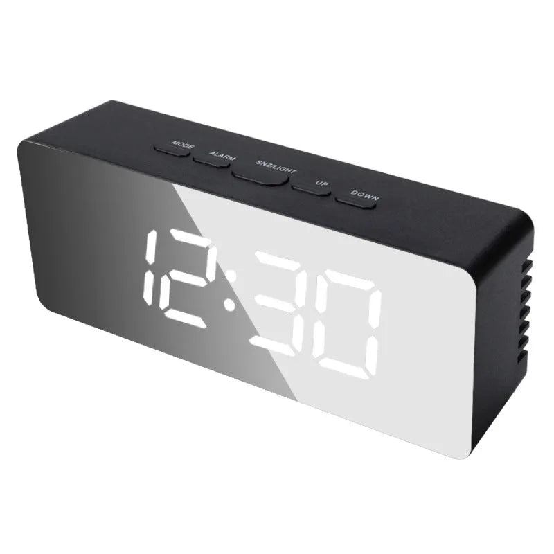 LED digital mirror desktop alarm clock with USB cable, plastic shell, rectangular white light