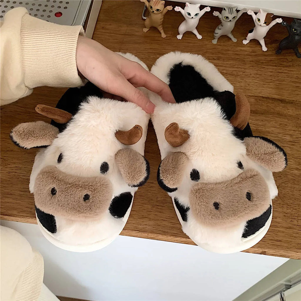 Women's white cow print faux fur slippers with anti-slip textured soles