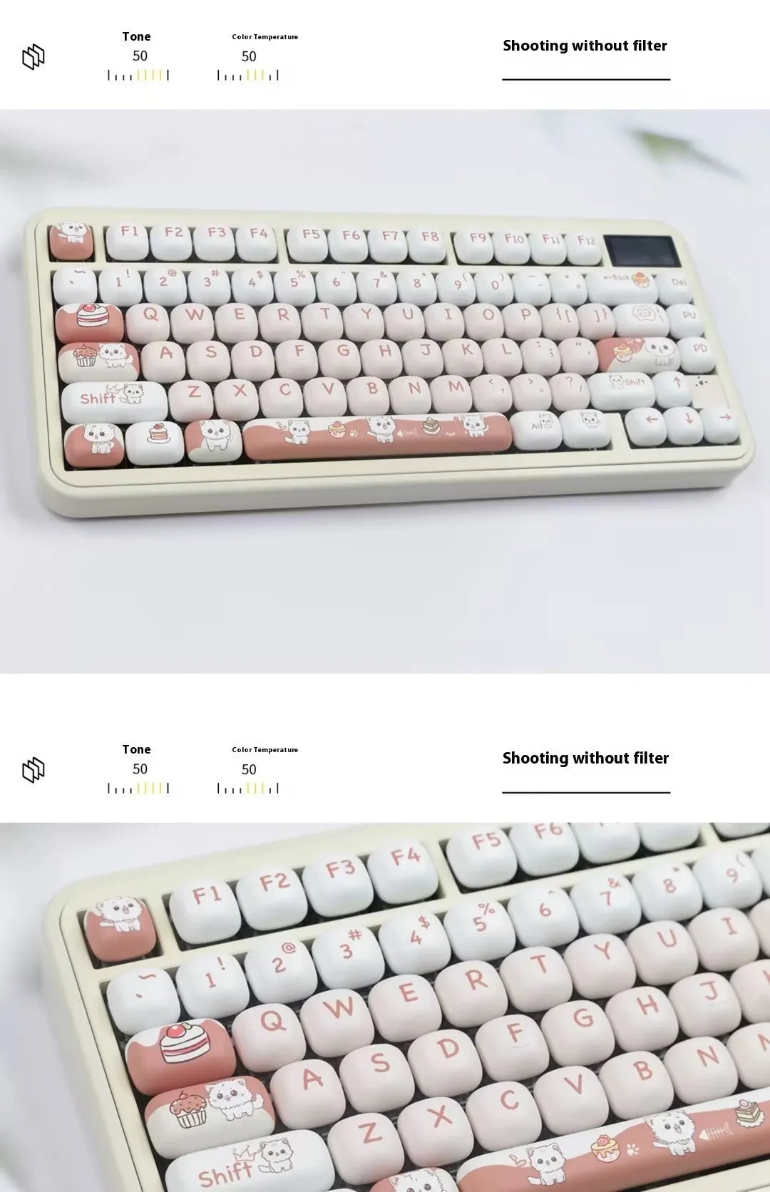 Set of colourful cartoon dessert cat themed key caps for mechanical keyboards on a white background.