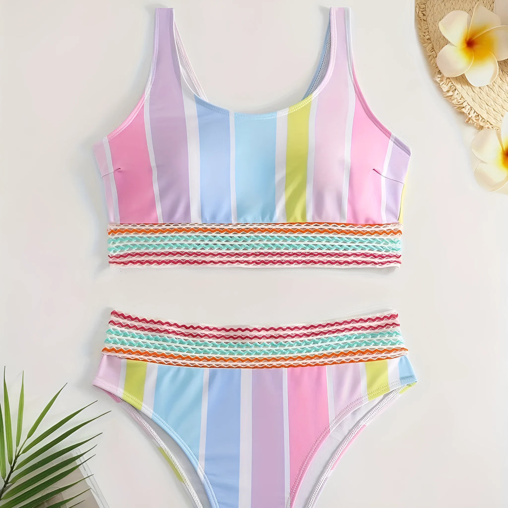Women's striped two-piece sports bikini set for swimming, shown in picture colour.