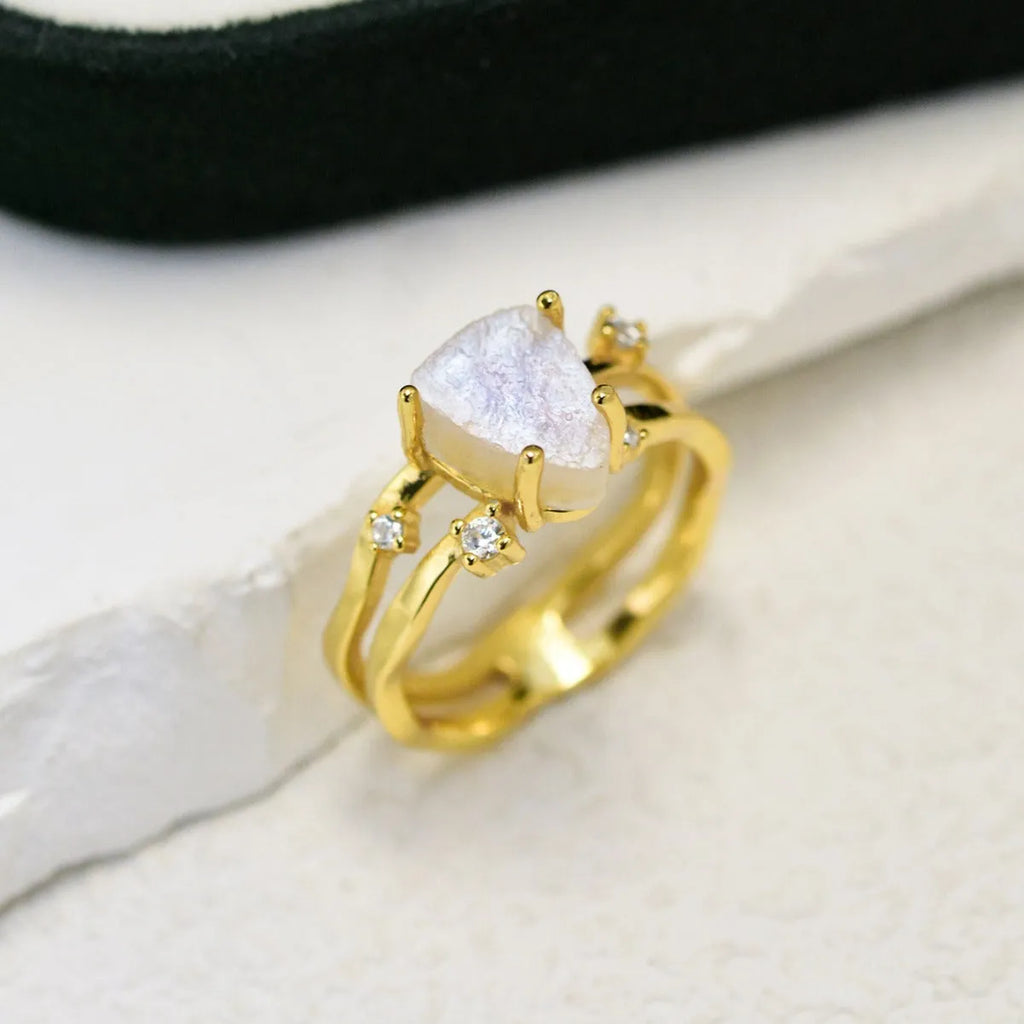 S925 sterling silver irregular triangle ring with moonstone in rose, white, or yellow gold tone.