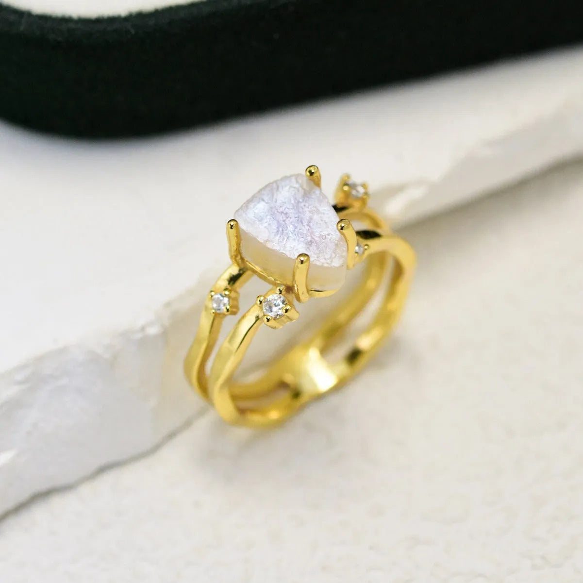 S925 sterling silver irregular triangle ring with moonstone in rose, white, or yellow gold tone.