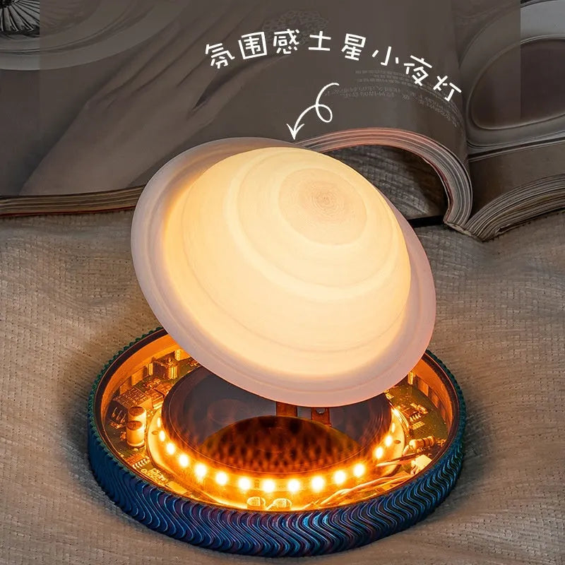 Magnetic suspension moon night lamp with 3D printed modern design on shelf