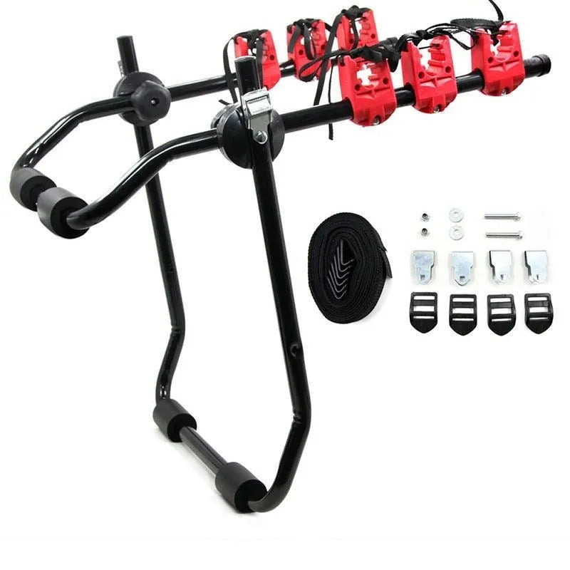 Black and red trunk mounted car bike holder rack with iron frame and sponge padding.