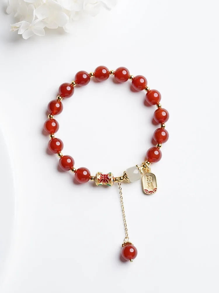Natural crystal red agate Hetian jade beads bracelet with gold plating for women