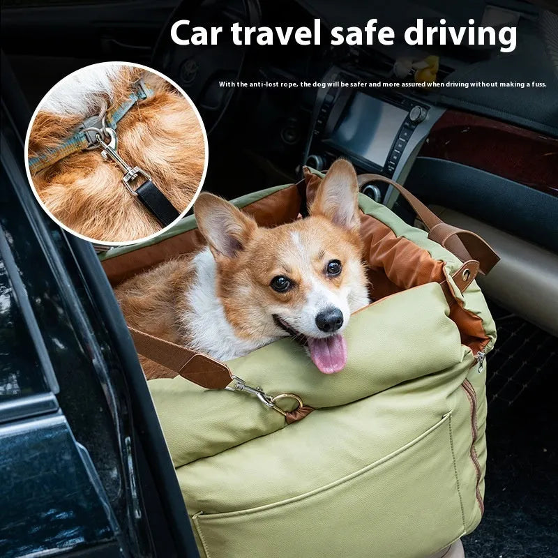 Portable cloth cat car kennel pet safety seat in brown colour on car seat