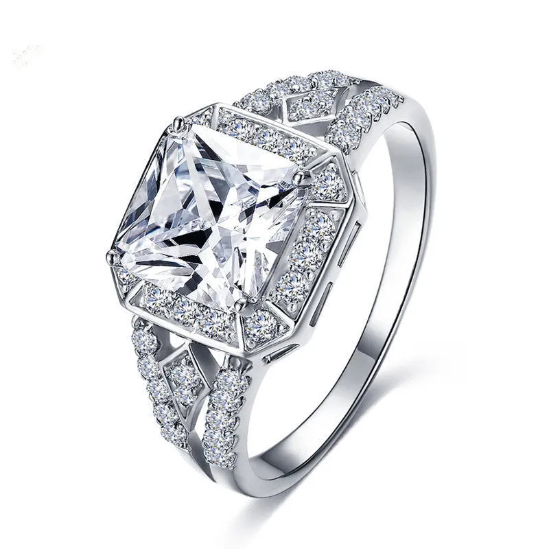 Geometric women's zircon ring with hollow quadrilateral design in platinum colour on copper