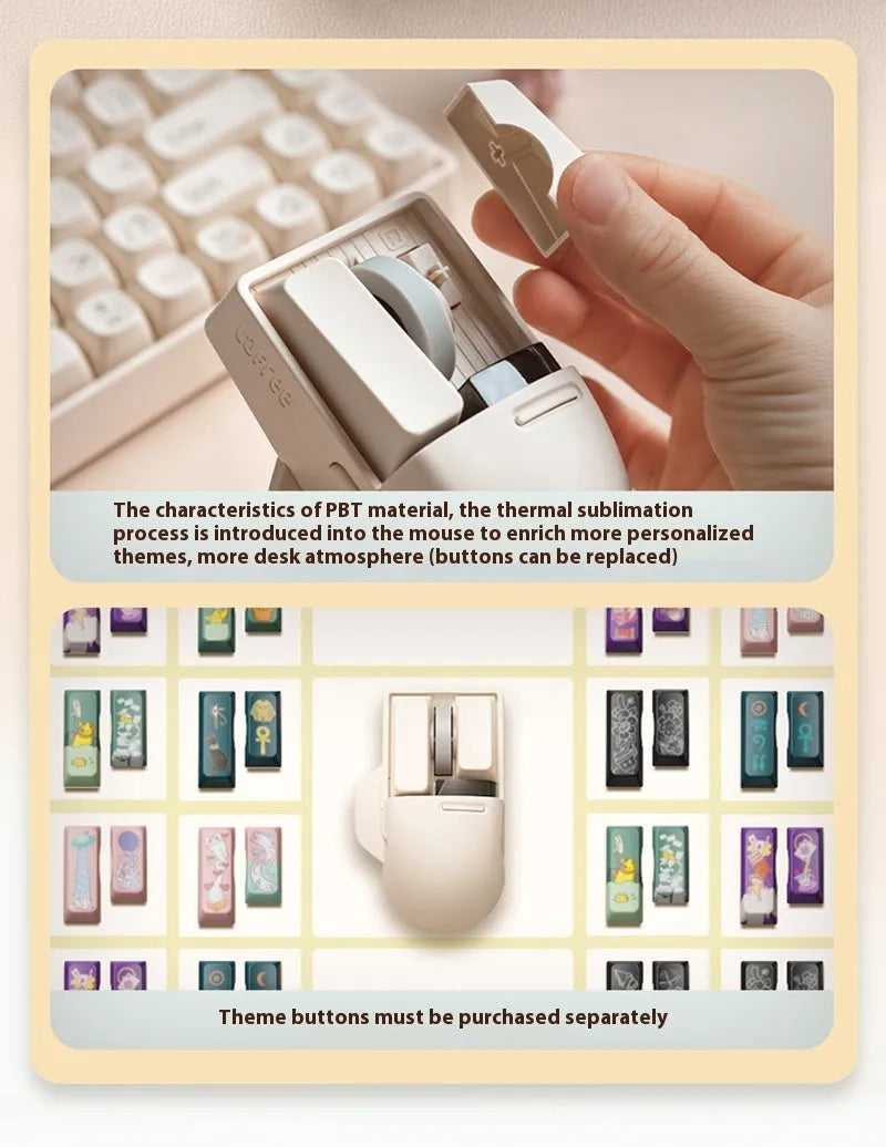Tofu coloured Xiaoqiao wireless mouse on a desk, showing its ergonomic shape and seven buttons.