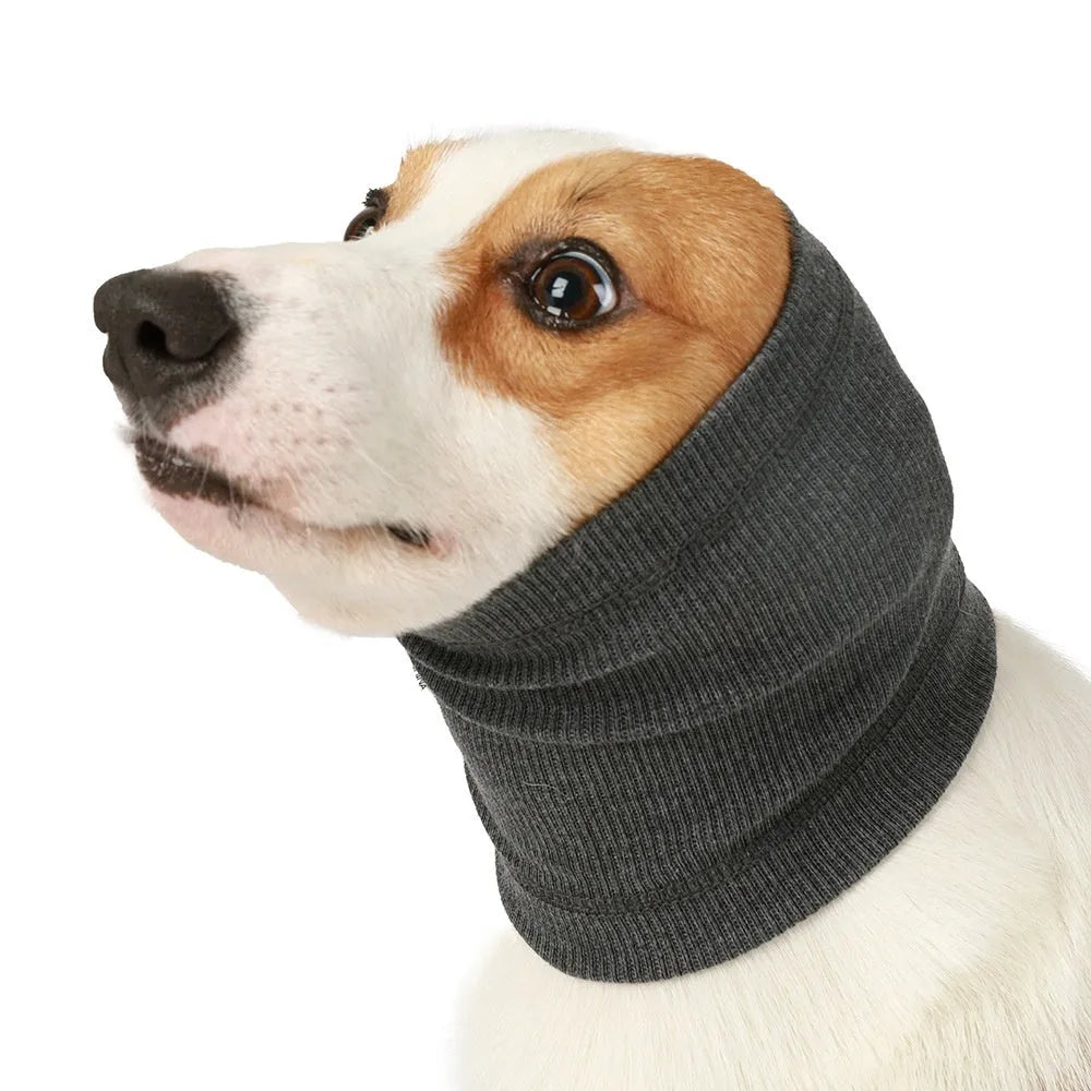 Blue and grey polyester dog headband scarf in comforter style showing S M L size options