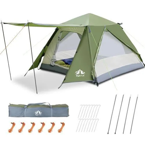 Dark green automatic pop-up two-person camping tent set up outdoors