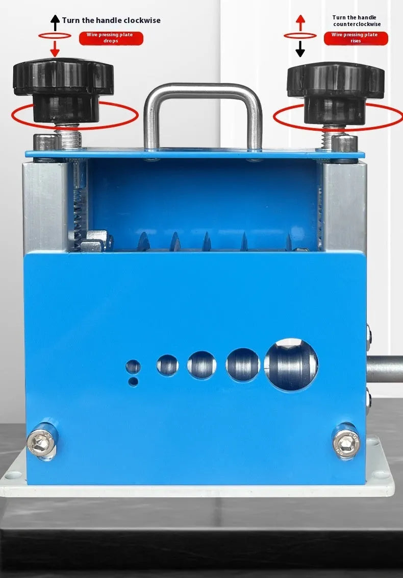 SD-017 manual household wire stripping machine showing compact grey body with wire aperture.