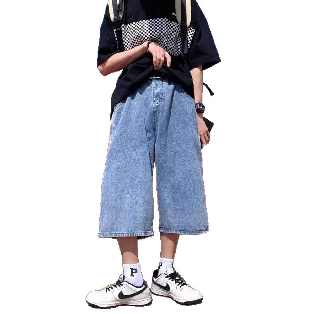 Men's blue thin denim pirate shorts with a high waist and cropped length on a hanger.