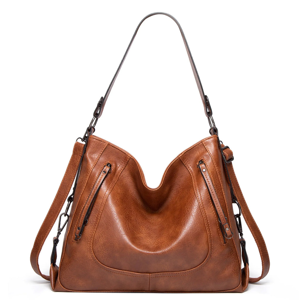 Fashion large capacity PU tote bag in beige with sewing line detail, sandwich pocket, and single shoulder strap.