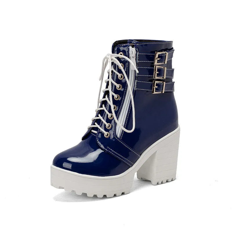 Women's black thick-heeled lace-up ankle boots with a round toe and waterproof platform sole.