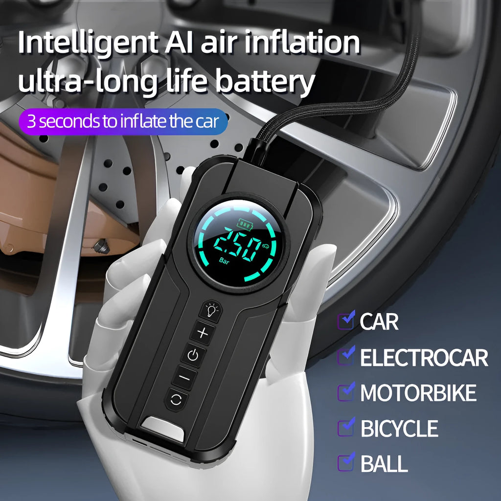 Portable wireless air pump with 6000mAh battery, 13cm hose, and multiple nozzles on a grey background.
