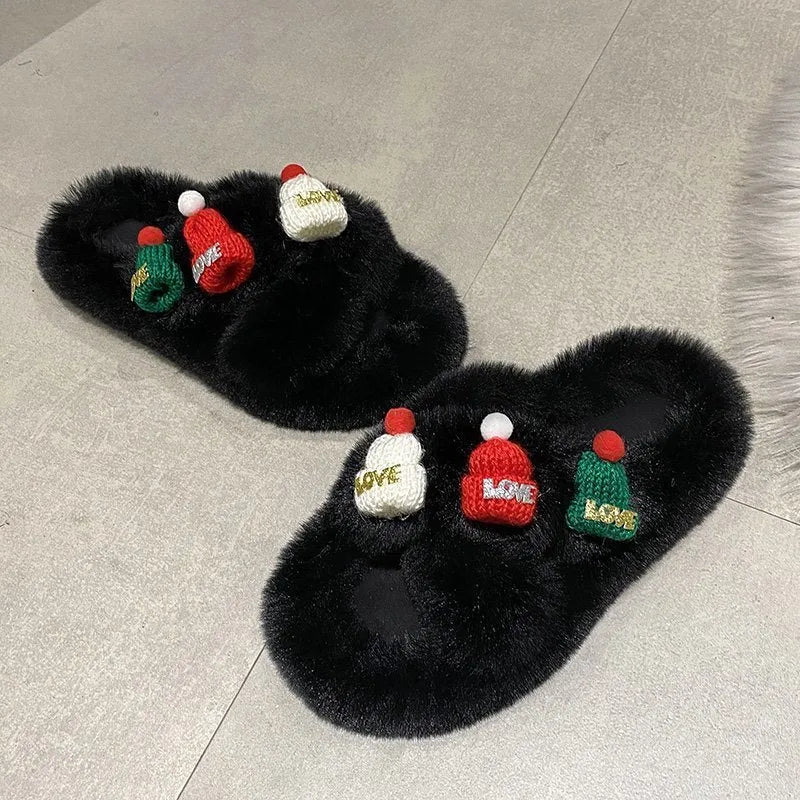 Women's Christmas hat decoration slippers in faux plush, showing black, khaki, and white colour options on a rubber sole.